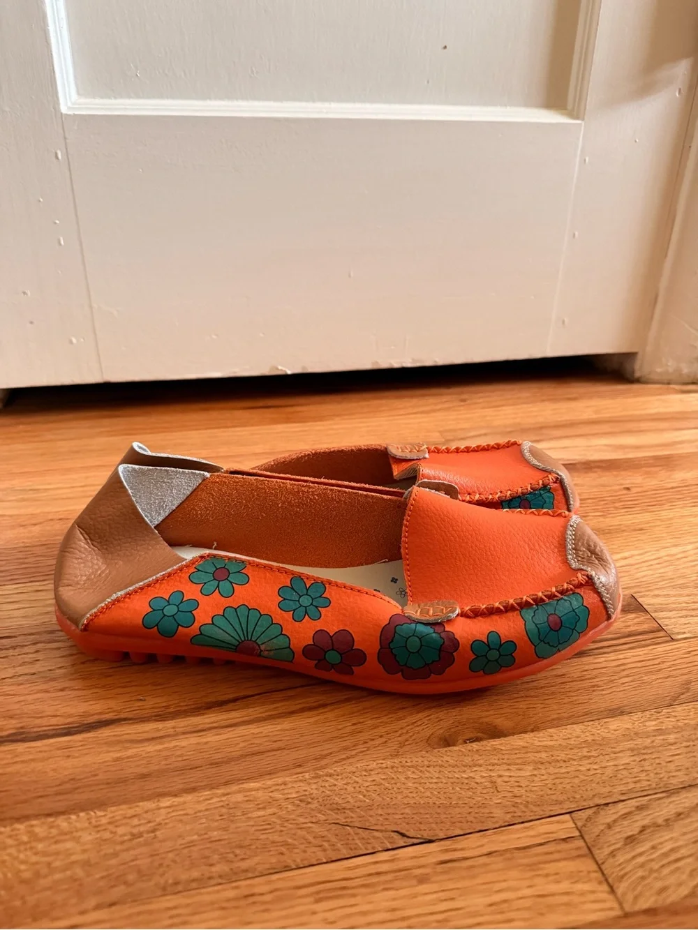 Leather Orange Floral Slip-On Shoes